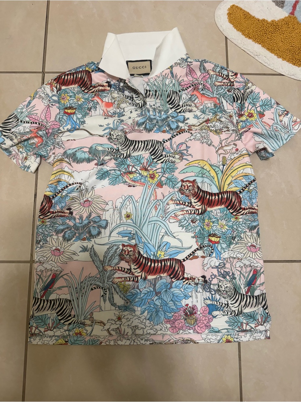 Gucci White Polo with Pink & Blue Jungle Animal Print